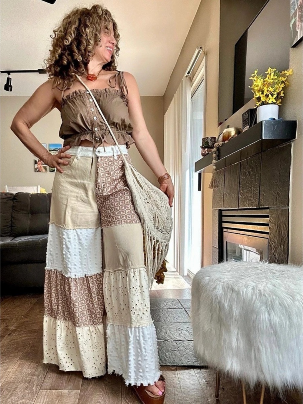 POL Patched Wide Leg Jeans Maxi Skirt Brown & Cream - Picture 2 of 2